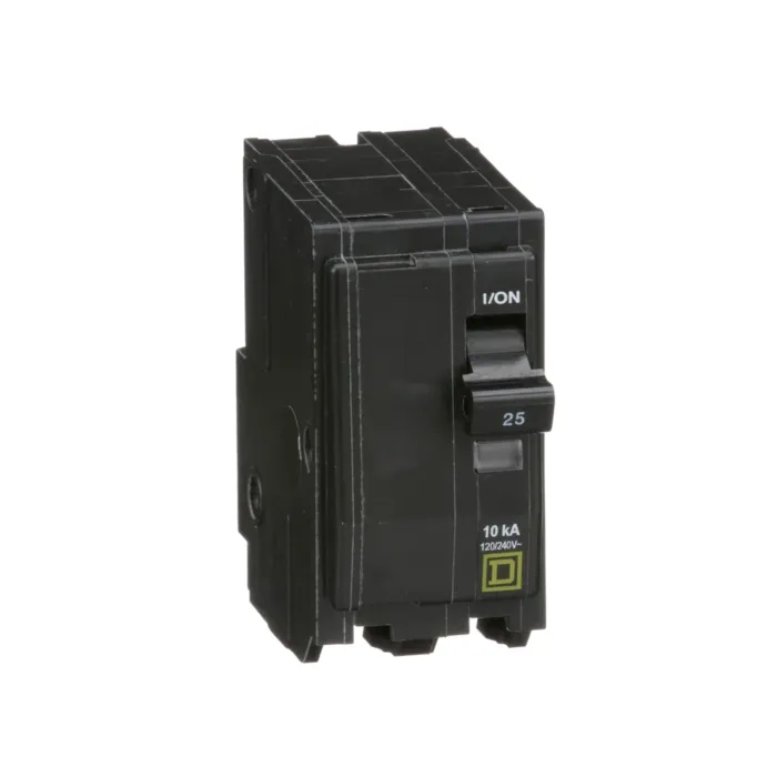 Square D Mini circuit breaker, QO, 25A, 2 pole, 120/240VAC, 10kA, plug in, consumer pack