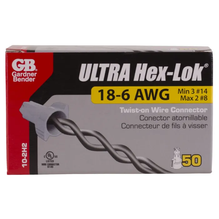 Gardner Bender Hex-Lok ULTRA, Hex Head Multi-Range Winged Twist-On Wire Connectors with Over-Torque Protection, Gray, #14-#6 AWG; 50/Crtn