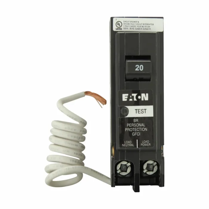 Eaton BR GFCI circuit breaker, Plug-in ground fault circuit breaker, 20 A, 10 kAIC, Single-pole, 120/240 V, BRN, Trip-to-center, Plug-on, #14-8 AWG, Ground fault circuit interrupter, GFI, 5 mA