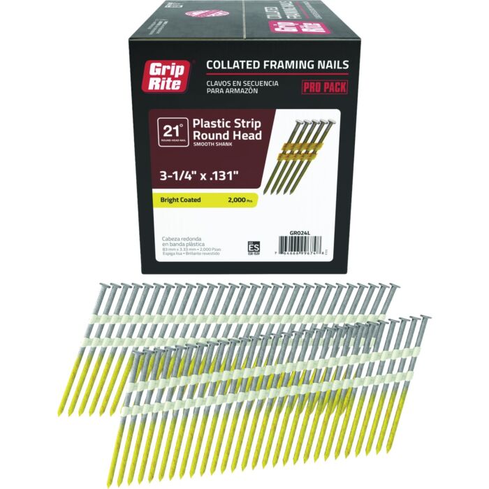 Grip-Rite 3-1/4 In. x 0.131 In. 21 Deg. Bright Coated Round Head Smooth Shank Plastic Strip Collated Framing Nail (2000-Count)