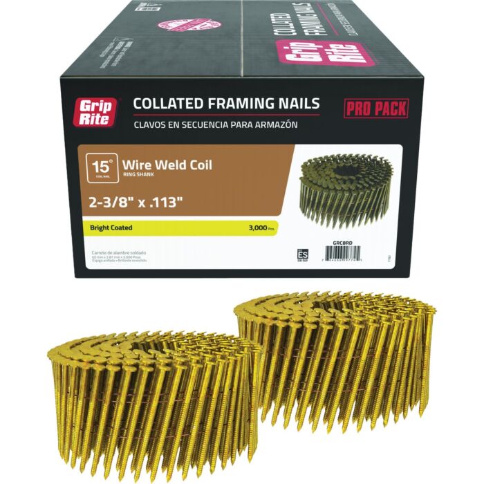 Grip-Rite 2-3/8 In. x 0.113 In. 15 Deg. Bright Coated Round Head Ring Shank Wire Coil Collated Framing Nail (3000-Count)