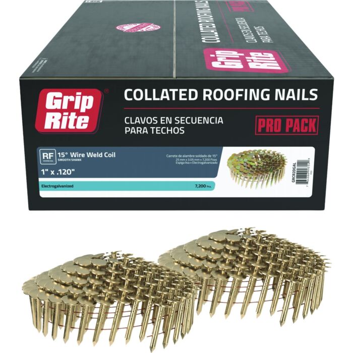 Grip-Rite 1 In. x 0.120 In. 15 Deg. Electrogalvanized Full Round Head Smooth Shank Wire Coil Collated Roofing Nail (7200-Count)