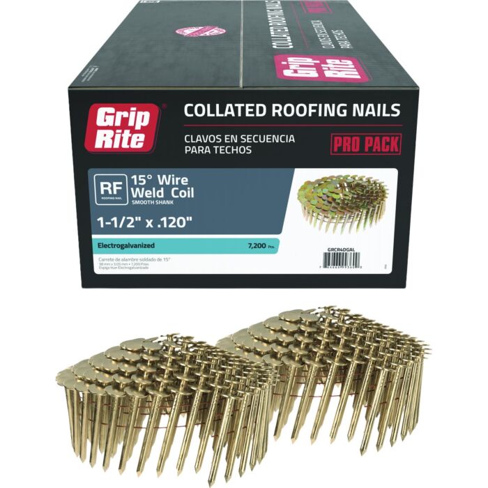 Grip-Rite 1-1/2 In. x 0.120 In. 15 Deg. Electrogalvanized Full Round Head Smooth Shank Wire Coil Collated Roofing Nail (7200-Count)