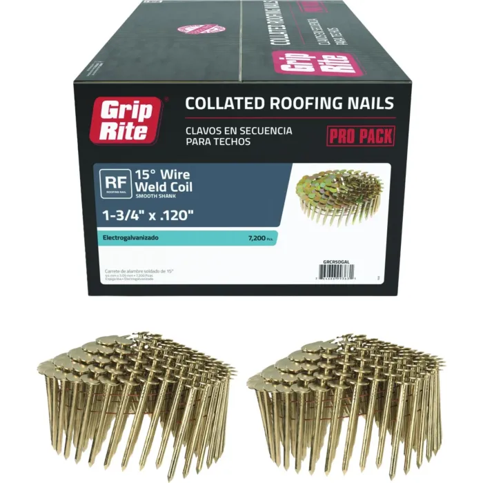 Grip-Rite 1-3/4 In. x 0.120 In. 15 Deg. Electrogalvanized Full Round Head Smooth Shank Wire Coil Collated Roofing Nail (7200-Count)