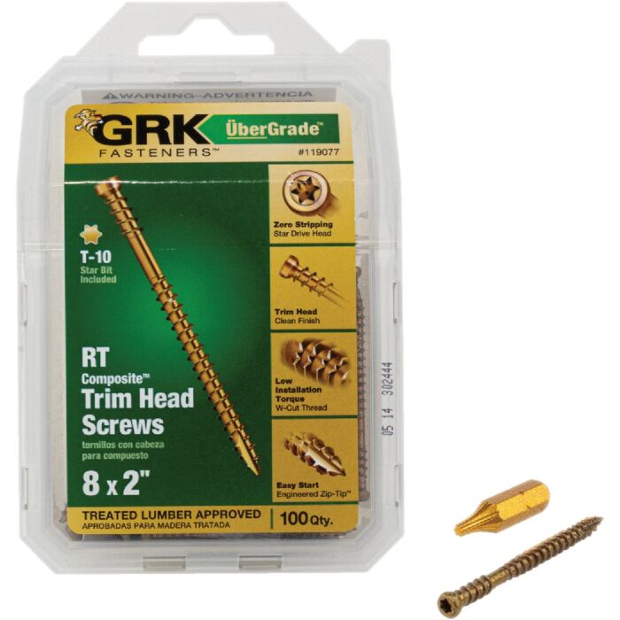 GRK Fasteners #8 x 2" Star Drive, Trim Head Screw, Climatek Coating (Bulk Box 100 pc)