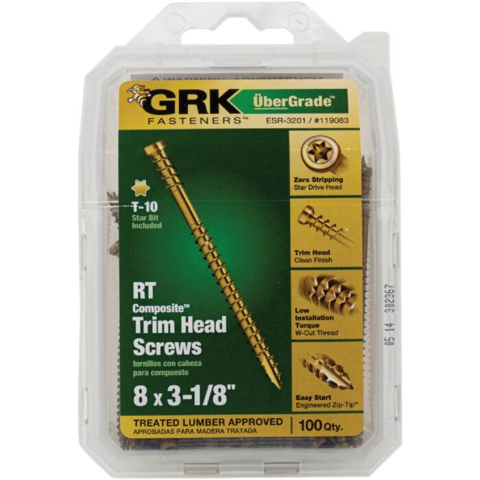 GRK Fasteners #8 x 3-1/8" Star Drive, Trim Head Screw, Climatek Coating (Bulk Box 100 pc)