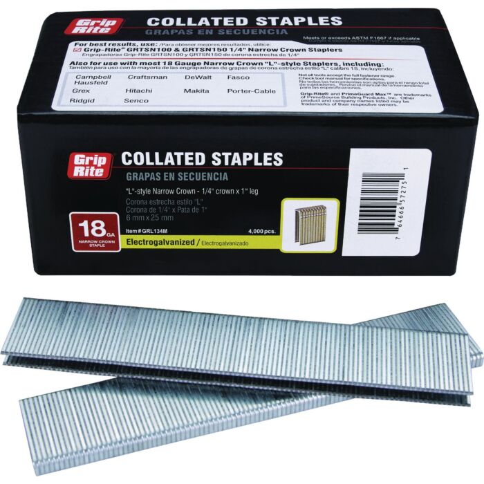 Grip-Rite 1/4 In. x 1 In. 18 ga Electrogalvanized L-Style Collated Narrow Crown Staple (4000-Count)