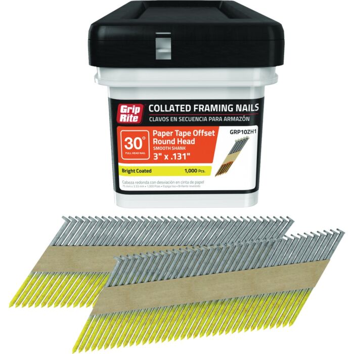Grip-Rite 3 In. x 0.131 In. 30 Deg. Bright Coated Offset Round Head Smooth Shank Paper Tape Collated Framing Nail (1000-Count)