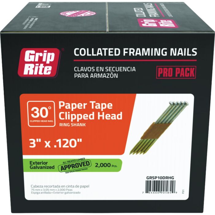 Grip-Rite 3 In. x 0.120 In. 30 Deg. Hot Galvanized Clipped Head Ring Shank Paper Tape Collated Framing Nail (2000-Count)