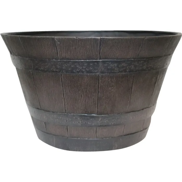 Southern Patio High-Density Resin Traditional Whiskey Barrel Planter (Kentucky Walnut) 13-1/2 in. H. x 22-1/2 in. Dia