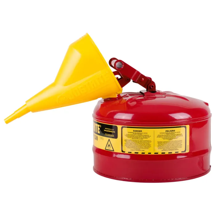Justrite 2.5 Gallon Steel Safety Can for Flammables, Type I, Funnel, Flame Arrester, Red - 7125110