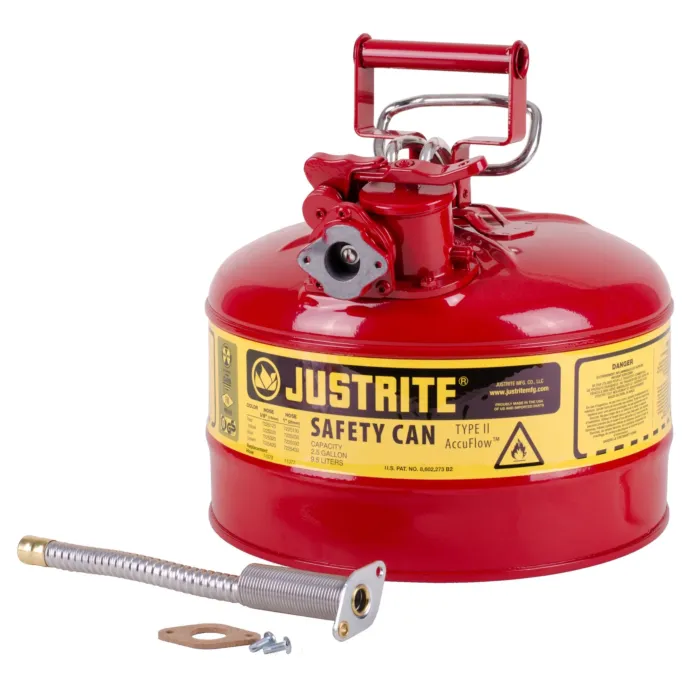 Justrite 2.5 Gallon, 5/8" Metal Hose, Steel Safety Can for Flammables, Type II, AccuFlow™, Red - 7225120