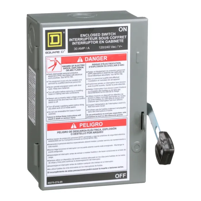 Square D 30A 230V 3-Wire 2-Pole Light Duty Cylinder Style Fusible Safety Switch with Neutral, Type 1
