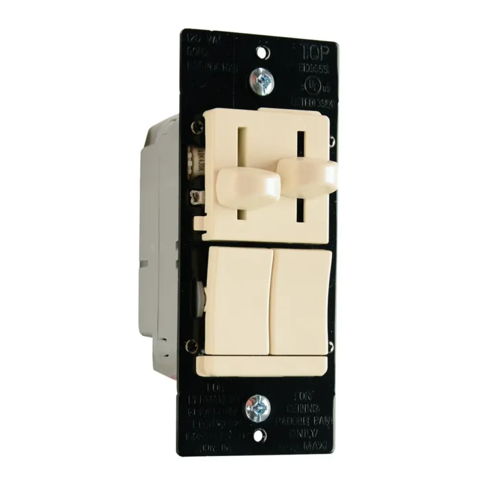 Pass & Seymour LS Series CFL/LED/Incandescent Single Pole/3-Way Slide Dimmer with Single Pole/3-Way, 3-Speed De-Hummer Fan Control, Preset, Light Almond