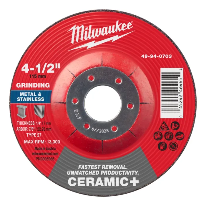 Milwaukee Type 27 Ceramic+ Metal Grinding Wheel - 4-1/2 in. x 1/4 in. x 7/8 in.