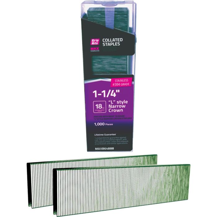 Grip-Rite 1/4 In. x 1-1/4 In. 18 ga #304 Stainless Steel L-Style Collated Narrow Crown Staple (1000-Count)