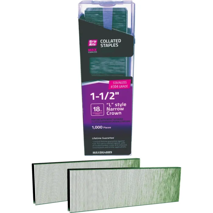 Grip-Rite 1/4 In. x 1-1/2 In. 18 ga #304 Stainless Steel L-Style Collated Narrow Crown Staple (1000-Count)
