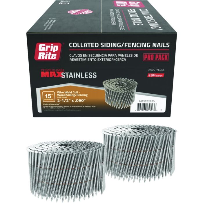 Grip-Rite 2-1/2 In. x 0.090 In. 15 Deg. #304 Stainless Steel Ring Shank Checkered Head Wire Weld Collated Siding Nail (3600-Count)