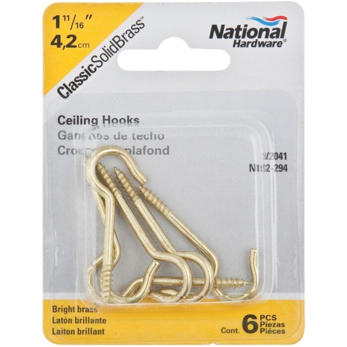 National Hardware Ceiling Hook (Brass - 6 pk) 1-11/16 in.