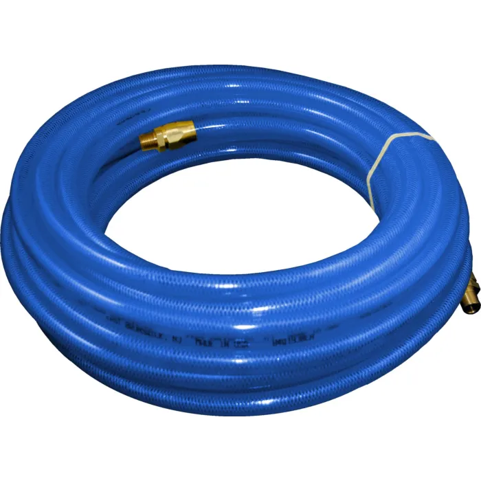 Flexeel Hose, 3/8" x 50', 1/4" MPT Reusable Strain Relief Fittings, Transparent Blue