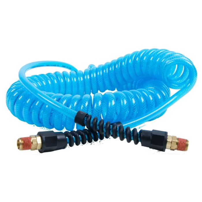 Flexeel Coil, 1/4" x 25', 1/4" NPT Swivel Strain Relief Fittings, Transparent Blue