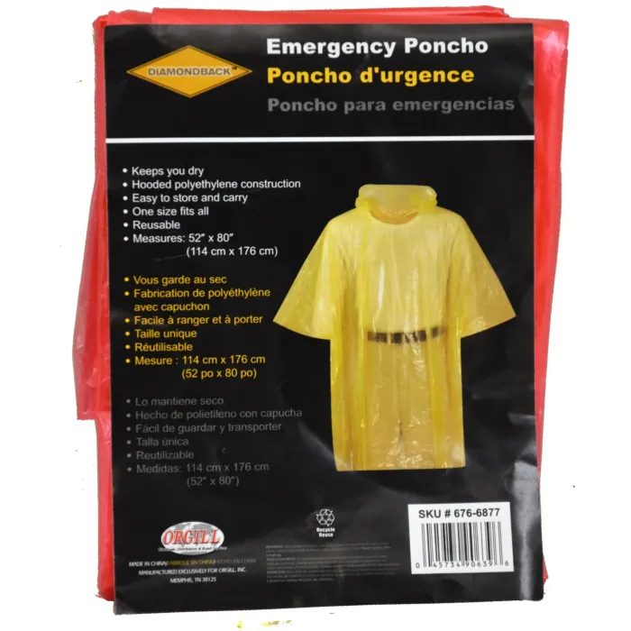 Diamondback Emergency Poncho 1743B, One-Size, PVC, Hooded Collar