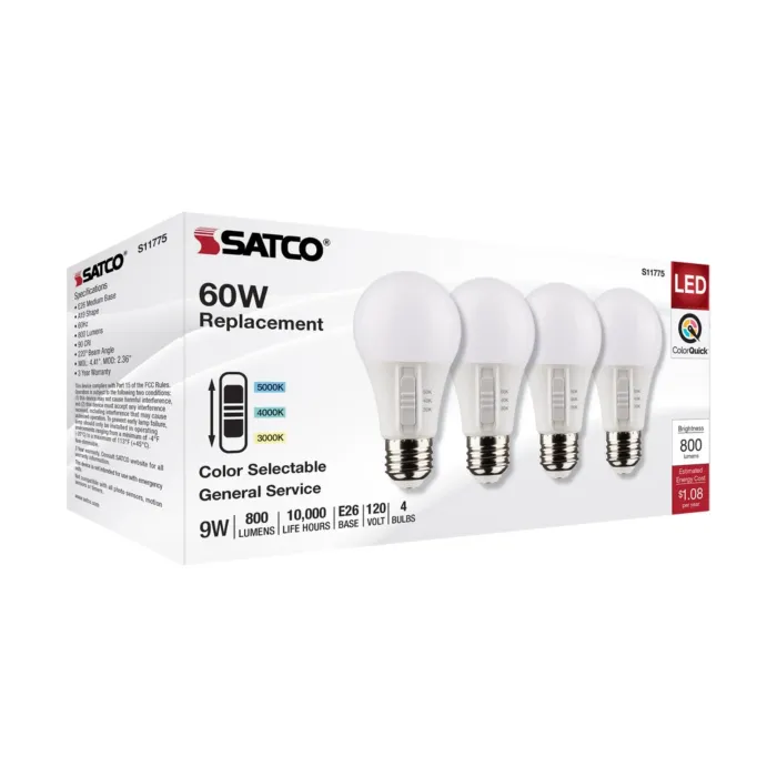 Satco 9 Watt A19 LED - Medium Base - CCT Selectable - Frost Finish - 90 CRI - 120 Volt - 4 Pack