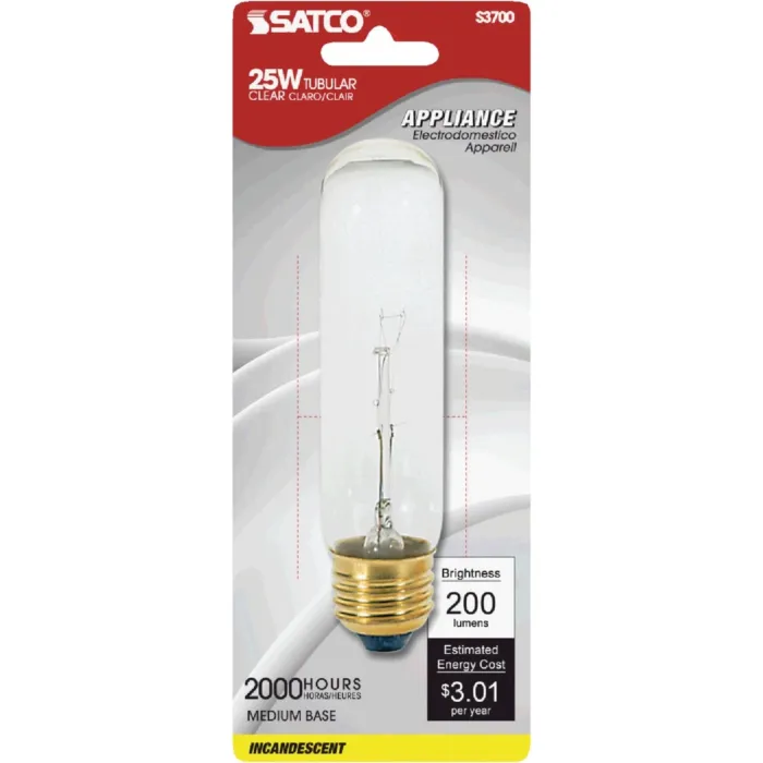 Satco 25W Clear Medium Base T10 Incandescent Tubular Appliance Light Bulb