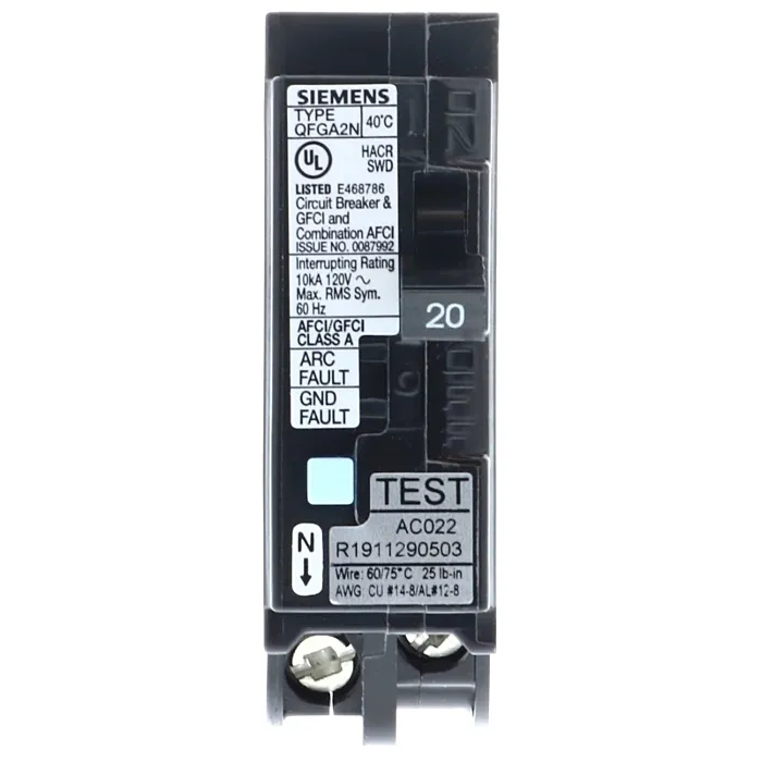 Siemens BRKR QFGA2N AFCI/GFCI 1P 120V 20A 10kA