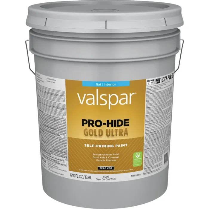 Valspar Pro-Hide Gold Ultra Zero VOC Latex Flat Interior Wall Paint, Super-One Coat White, 5 Gal.