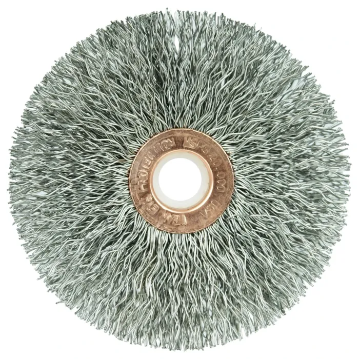 Weiler 3" Small Diameter Crimped Wire Wheel, .014" Stainless Steel Fill, 1/2"-3/8" Arbor Hole