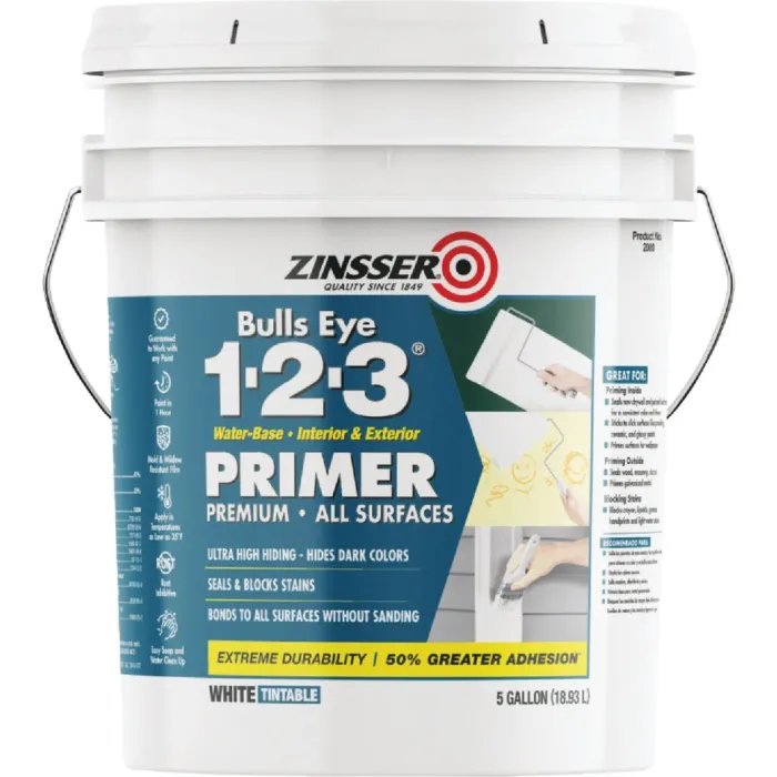 ZINSSER Zinsser Bulls Eye 1-2-3 Water-Base Interior/Exterior Stain Blocking Primer, White, 5 Gal.