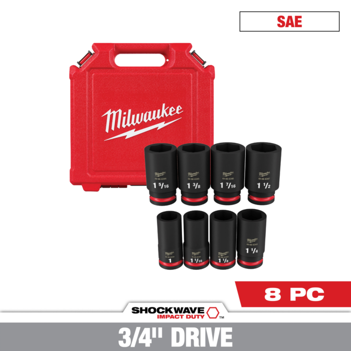 Milwaukee 8PC SHOCKWAVE™ Impact Duty 3/4" Drive SAE Deep 6 Point Socket Set