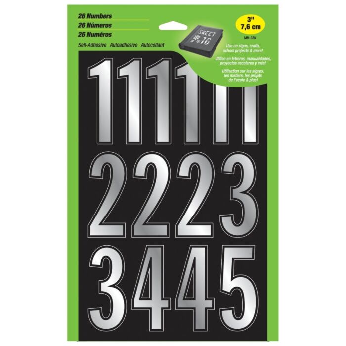 HY-KO Hy-Ko MM-33N Prism Number Set, 3 in H Character, Silver Character, Vinyl