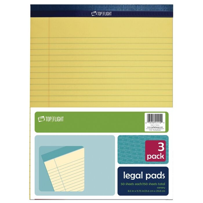 TOP FLIGHT Top Flight N 11 Series 4513094 Legal Pad, 11-3/4 in L x 8-1/2 in W Sheet, 50-Sheet, Canary Yellow Sheet