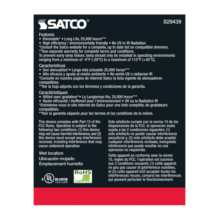 Satco 12.5 Watt - PAR30LN LED - 5000K - 60 deg. Beam Angle - Medium base - 120 Volt