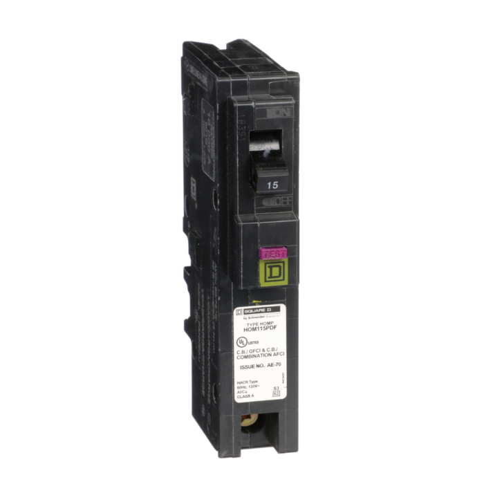 Square D Mini circuit breaker, Homeline, 15A, 1 pole, 120VAC, 10kA AIR, combo ARC/ground fault, plug on neutral, plug in, UL [TAA]