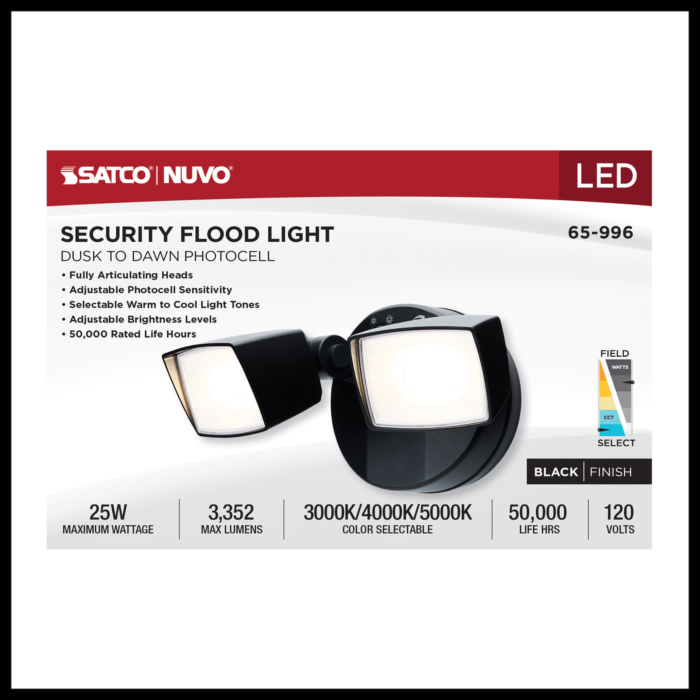 Satco LED Security Light - Dual Head - Field Selectable - Black Finish