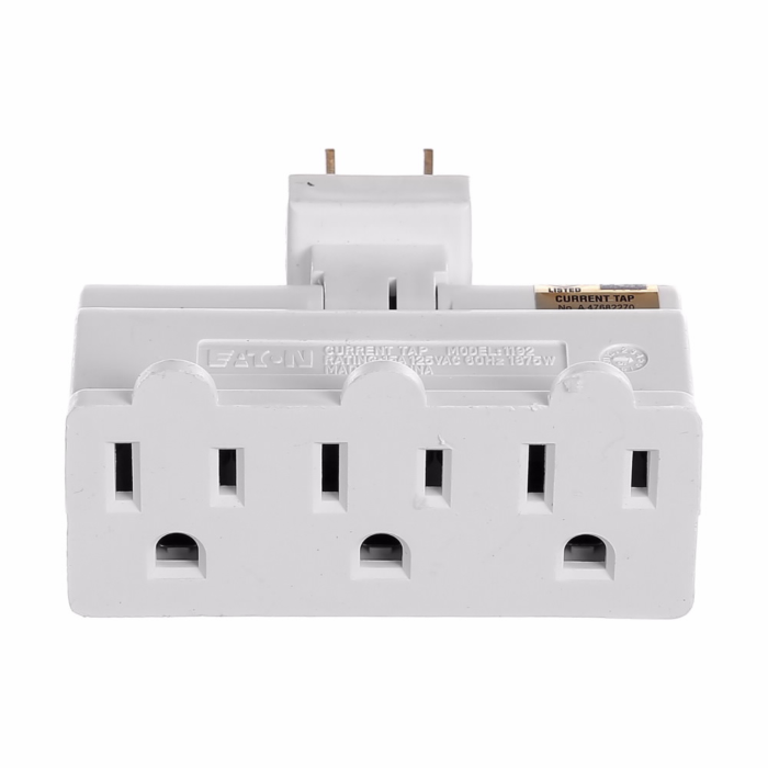 Eaton swivel three outlet tap, Swivel, single receptacle to 3 outlets, 15A, 125V, White, Thermoplastic, 5-15R, NEMA 5-15R