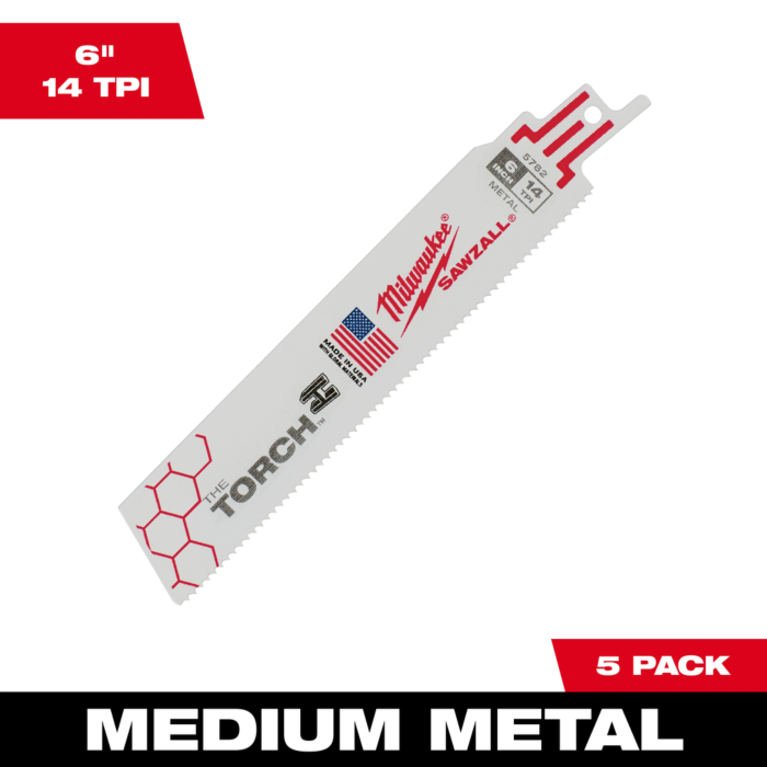 Milwaukee 6" 14 TPI TORCH™ SAWZALL® Blade for Medium Metal (5 PK)