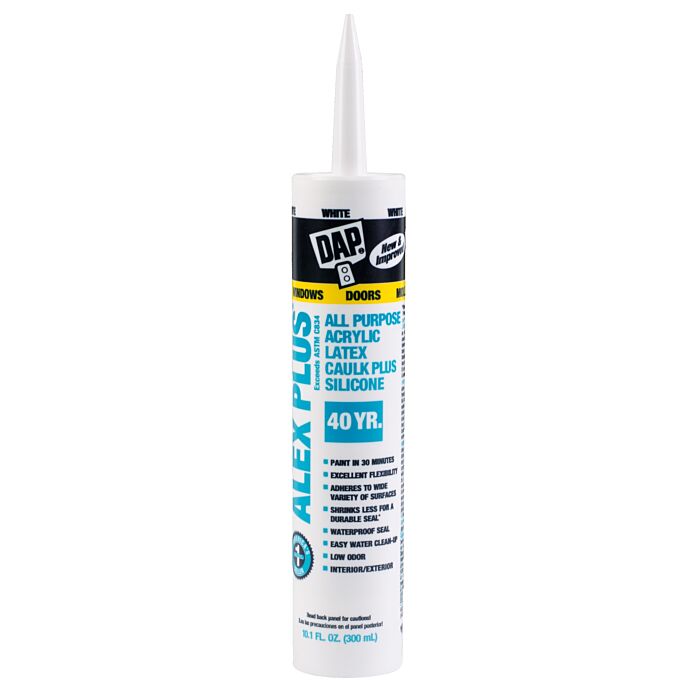 DAP ALEX PLUS All Purpose Acrylic Latex Caulk Plus Silicone, White, 10.1 Oz