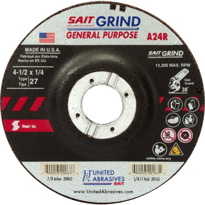 United Abrasives A24R General Purpose/Long Life Grinding Wheel (Type 27/Depressed Center) 4-1/2 in. x 1/4 in. x 7/8 in.
