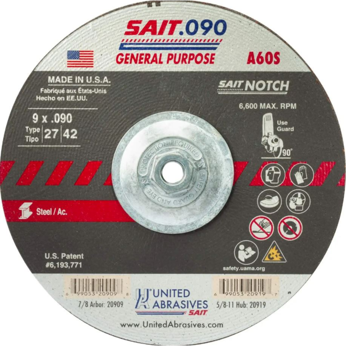 United Abrasives 20919 A60S General Purpose Cutting & Notching Wheels (Type 27/Type 42) 9" x .090" x 5/8"-11