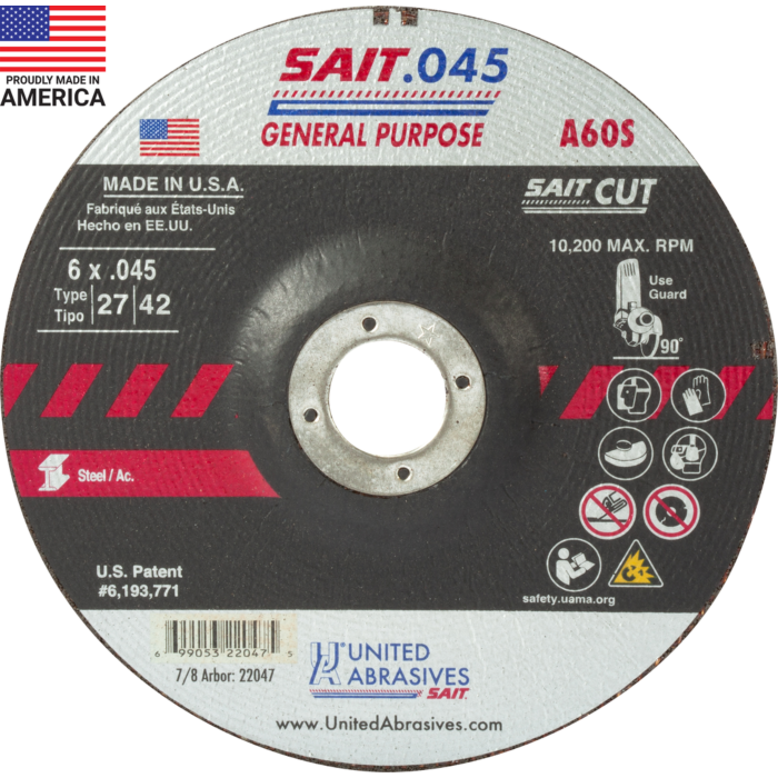 United Abrasives A60S Type 27/Type 42 General Purpose Cut-Off Wheel - 6 in. x .045 in. x 7/8 in.