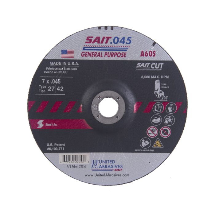 United Abrasives A60S General Purpose Cut-Off Wheel (Type 27/Type 42 Depressed Center) 7 in. x .045 in. x 7/8 in.