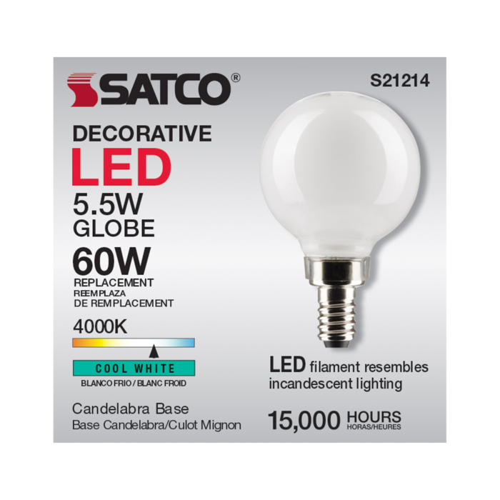 Satco 5.5 Watt G16.5 LED Filament - White - Candelabra base - 90 CRI - 4000K - 120 Volt