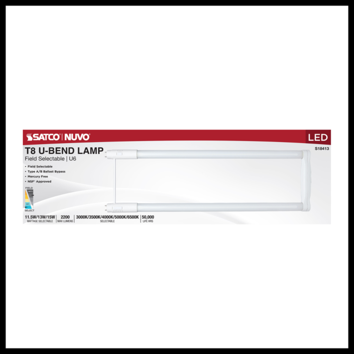 Satco 11.5/13/15 Wattage Selectable T8 U-Bend LED - 30K/35K/40K/50K/65K CCT Selectable - 6-Inch - Frost Finish - 120-277 Range Voltage
