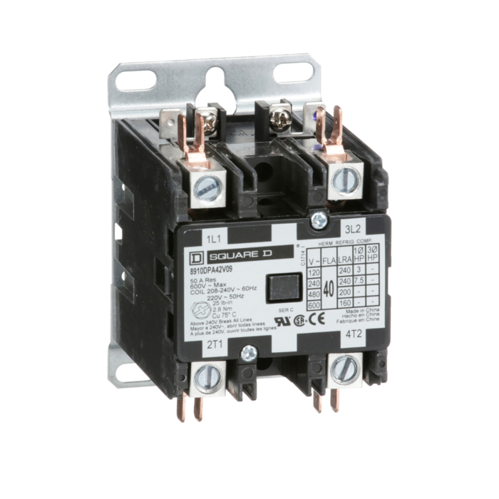 Contactor, Definite Purpose, 40A, 2 pole, 7.5HP at 230VAC, 1 phase, 208/240VAC 60Hz 220VAC 50Hz coil, open
