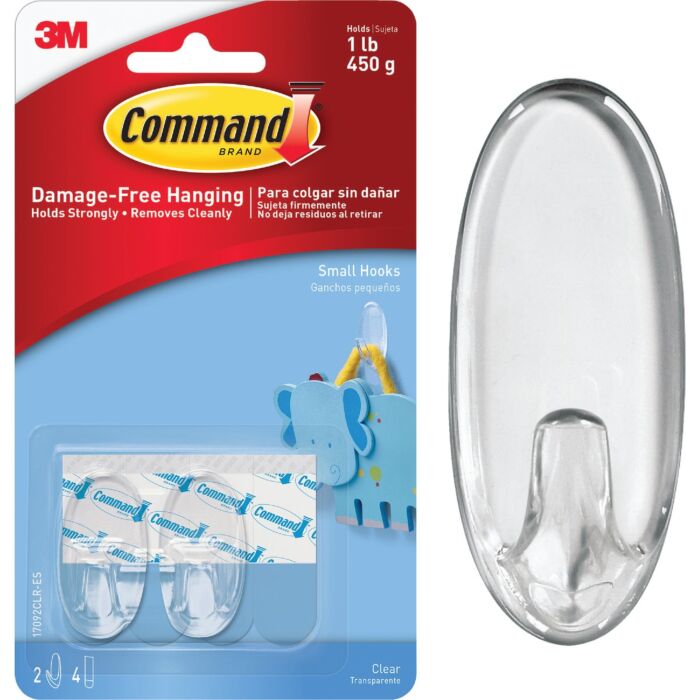 Command Clear Hooks & Strips, Plastic, Small, 2 Hooks & 4 Strips/Pack