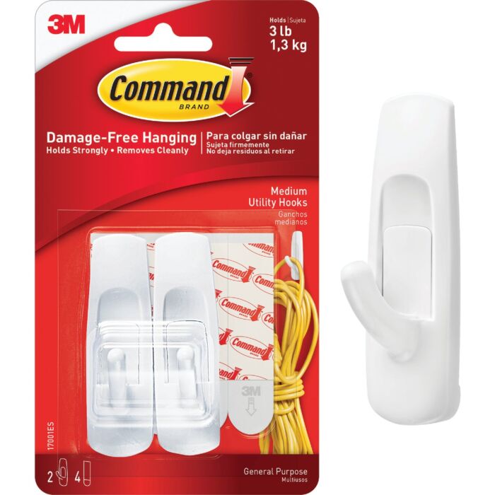 Command Medium Utility Hook, White, 2 Hooks, 4 Strips